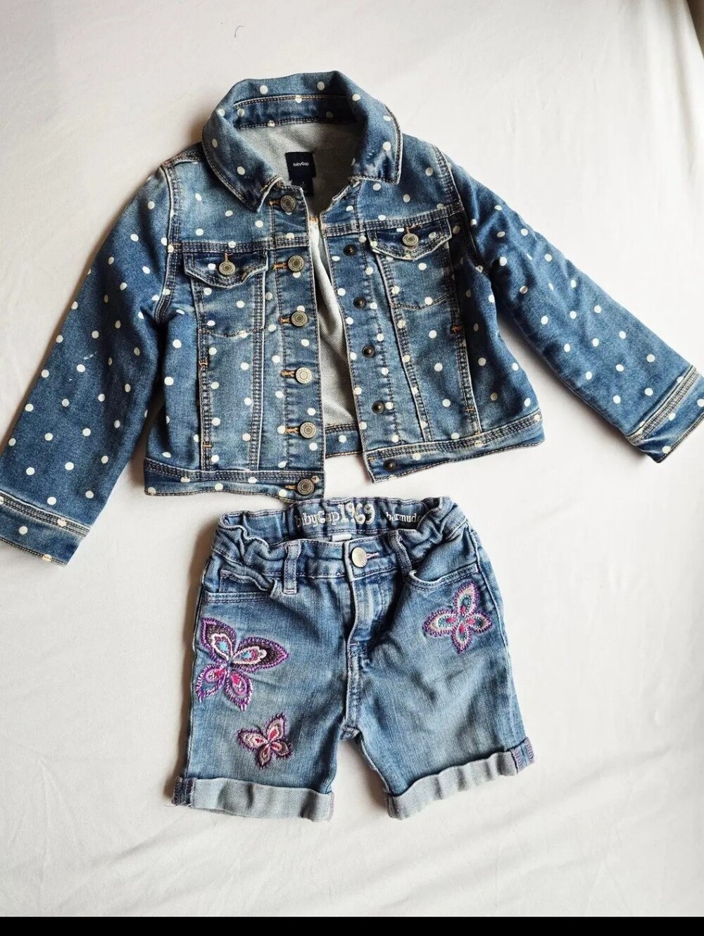 GAP Girls Blue Denim Jacket with White Polka Dots